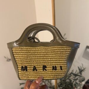 Marni Olive Green and Natural Straw Mini Tote with Black Logo